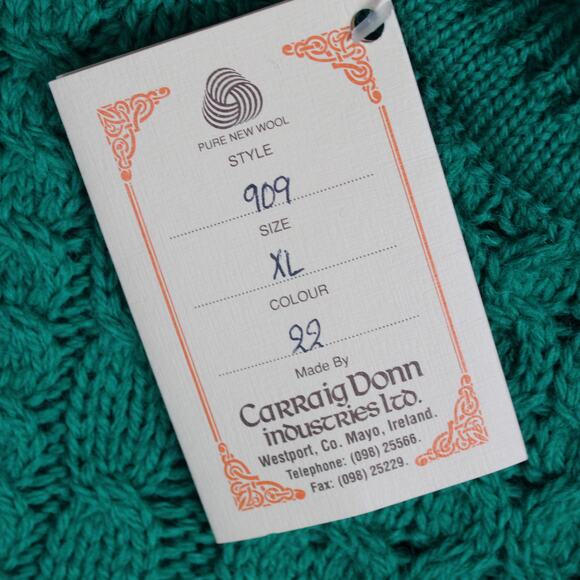 Carraig Donn Irish Wool Sweater Mens XL Green Cable Knit Turtleneck St Patricks - Picture 3 of 8